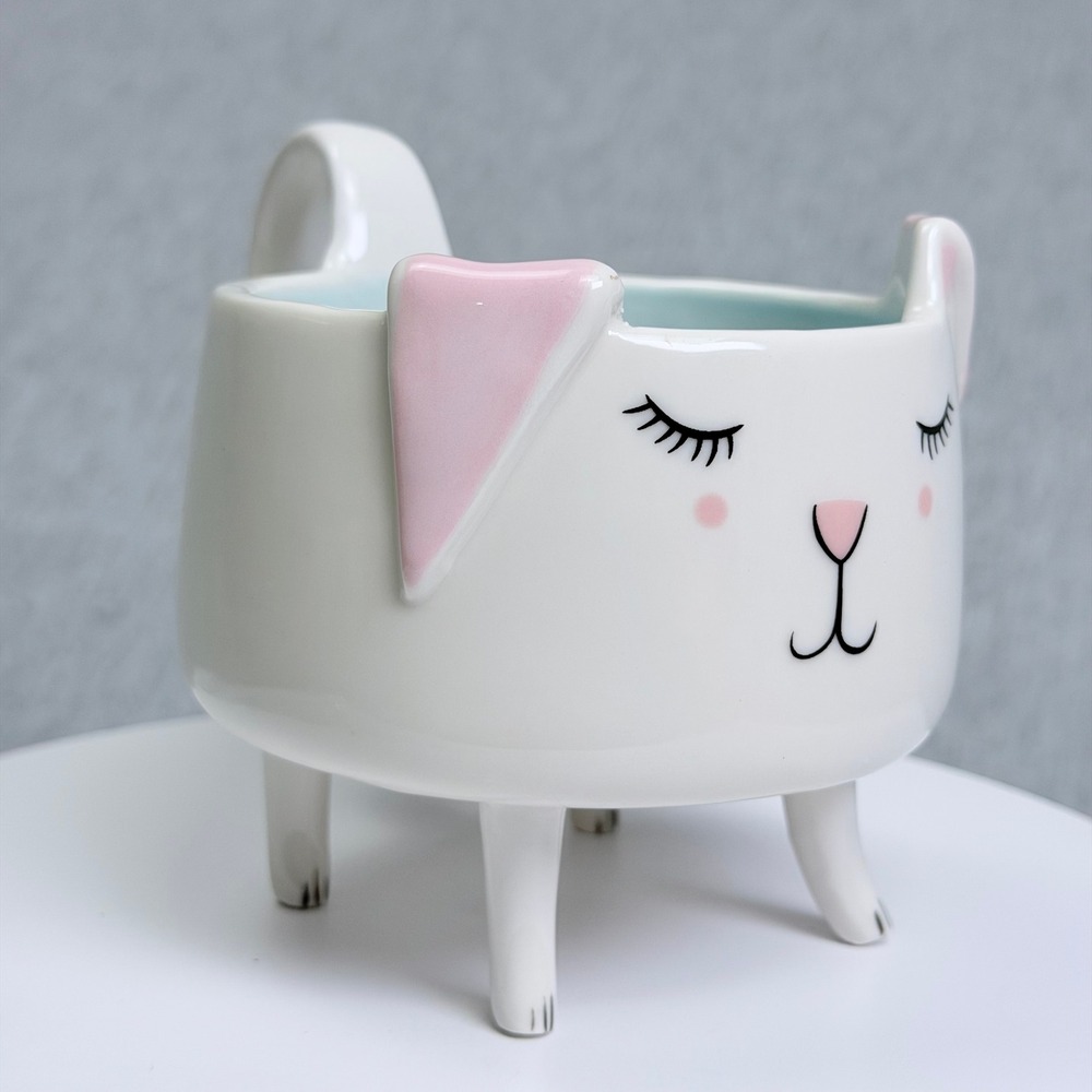 Arlington Designs Cat Mug Pink Ears Aqua Interior Footed Tail Handle Ceramic